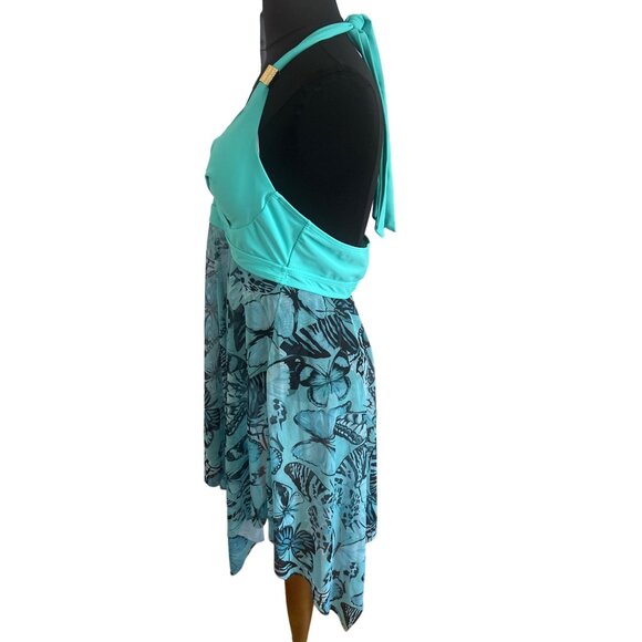 Womens Halter Neck Turquoise Butterfly Print  2 Pc Swimsuit Dress, Size XXL - Picture 2 of 16